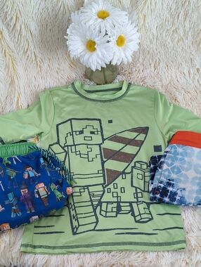 🩳🏊🏻‍♀️2 Boys Swim Shorts Set-Blue Green Minecraft & Blue Orange Prints🏊🏻🩳